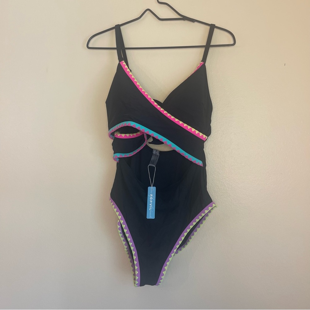 Black One Piece Swimsuit with Multicolor Trim